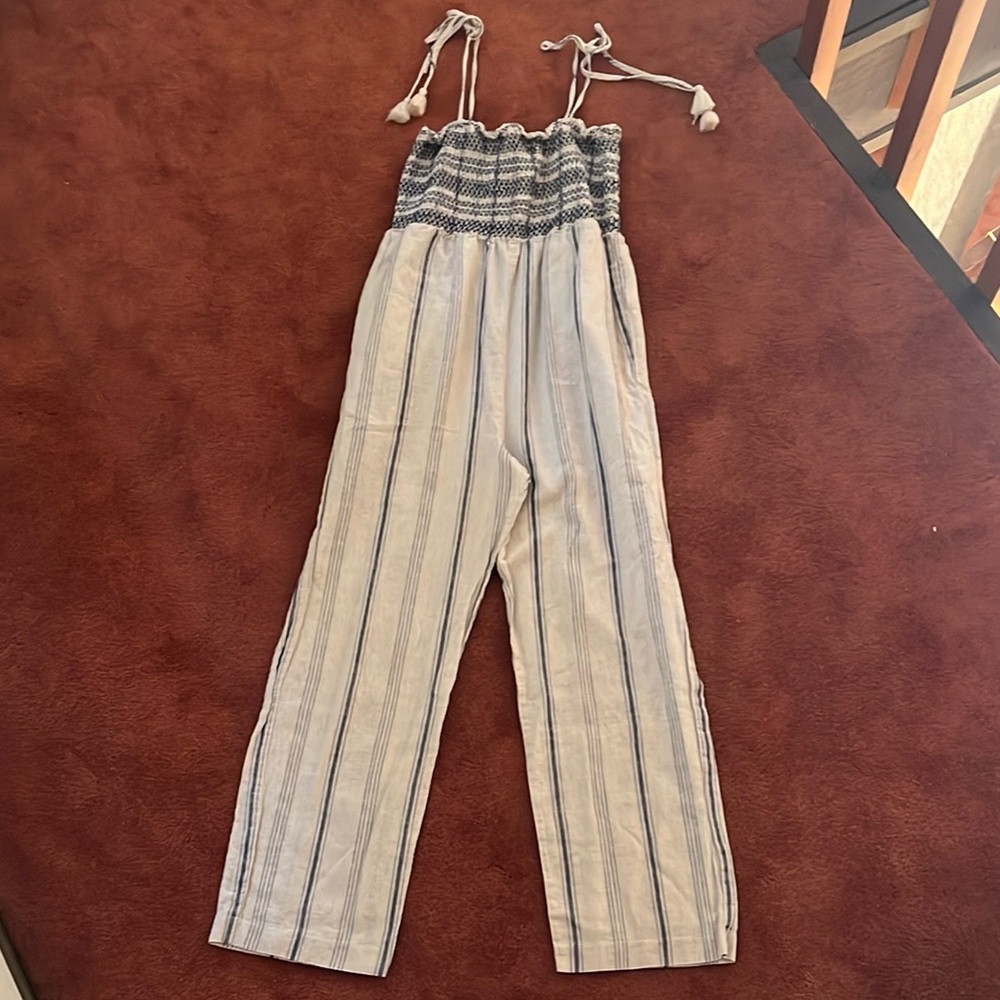 Madewell Blue and White Striped Smocked Cami Jumpsuit